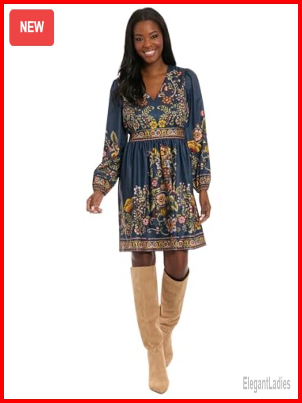 Empire Waist Mini Dress Embroidered Waistband V-Neck Bishop Sleeve Cocktail